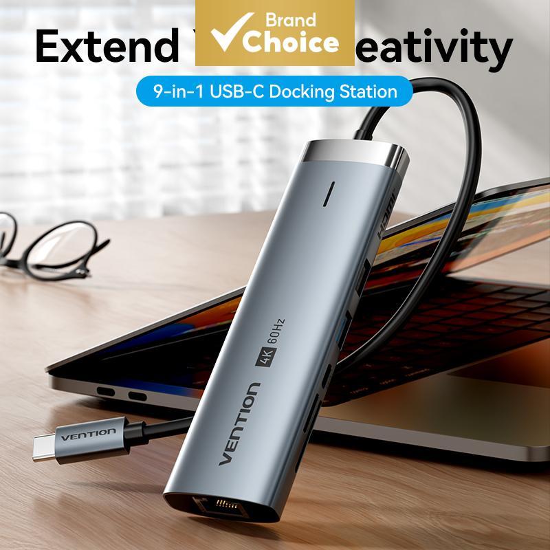 Vention Hub USB-C portátil para VGA e HDMI 4K com PD 100W, Ethernet e dock multi para laptop e PC