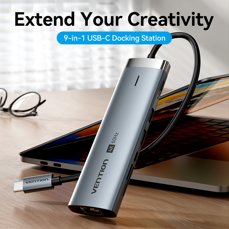 Vention Adaptador portátil USB C HUB Tipo C para VGA HDMI 4K com PD 100W RJ45 Ethernet Multi Dock para notebook e PC