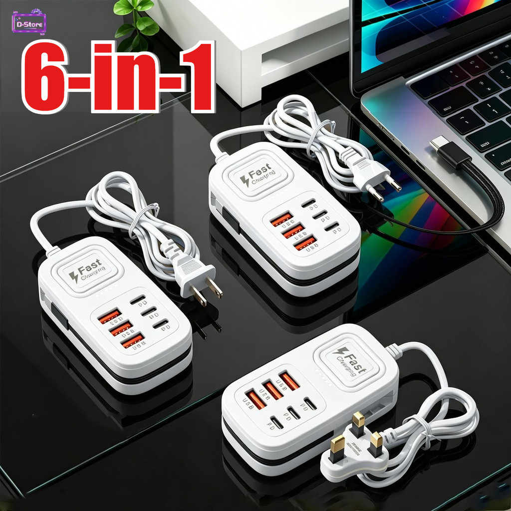 Estação De Carregamento Rápido Universal 6 Em 1 Tipo C Portátil 3PD + 3USB Multi-Porta Eua/Ue/Reino Unido Adaptador De P