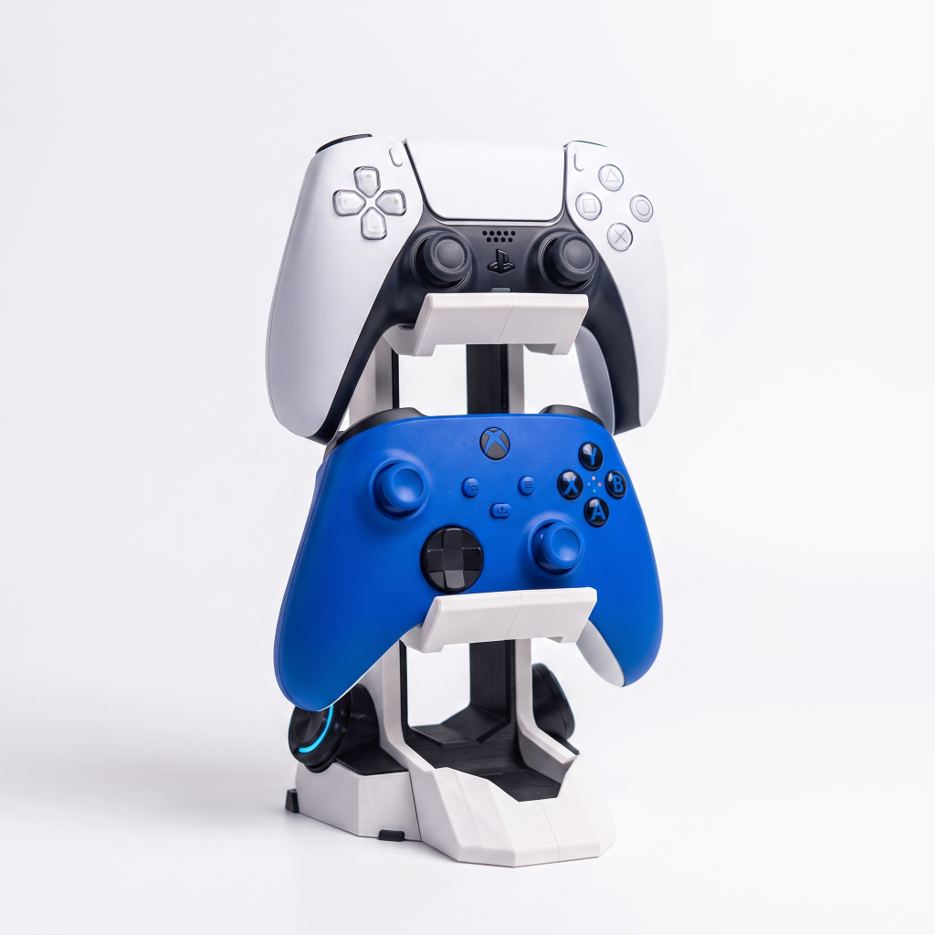 Suporte Duplo de Mesa para Controles PS5 PS4 Xbox e Headset Gamer Futurista Organizador de Setup