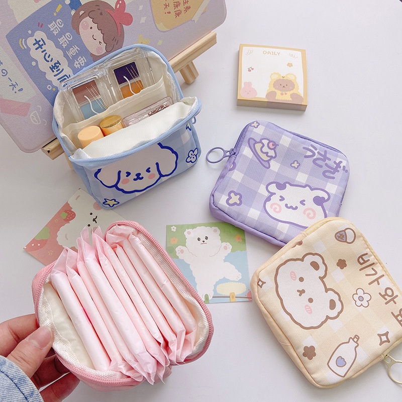 Versão Coreana Padrão De Urso Fofo De Grande Capacidade Saco De Armazenamento De Guardanapo Sanitário/Período Físico Organizador De Tampões Para Meninas Mini Batom Portátil Moedas De Bolso Cosméticas