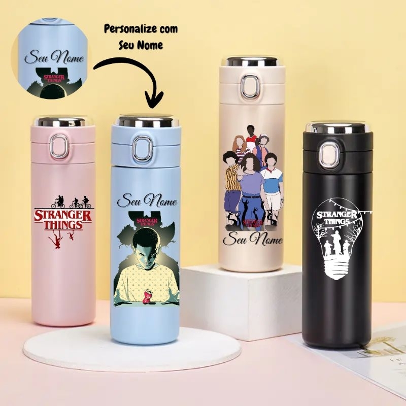 Garrafa Térmica Personalizada Stranger Things Com Nome Aço Inox Bebida Quente Fria Com Medidor De Temperatura Termômetro