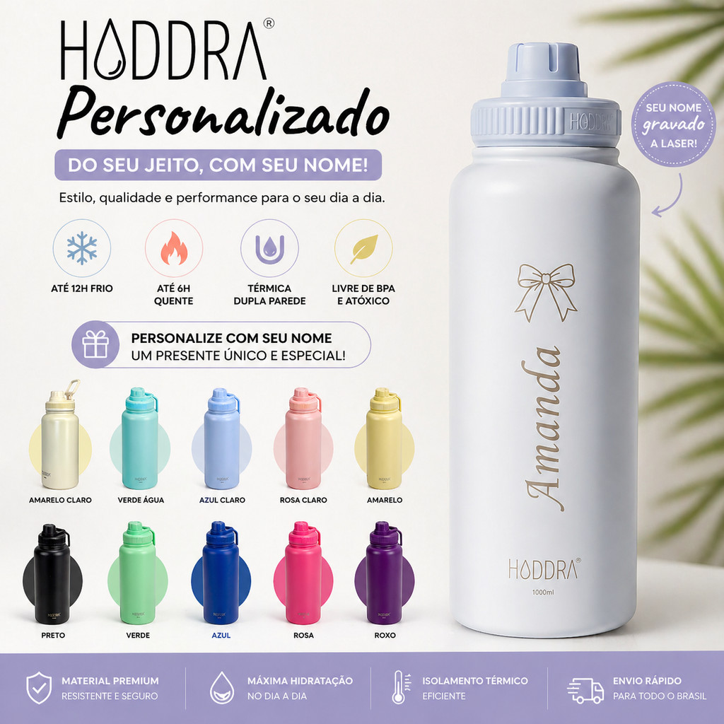 Garrafa Térmica Grande 1Litro Personalizada com Seu Nome Inox Academia Bebidas Quentes Frias c/ Alça