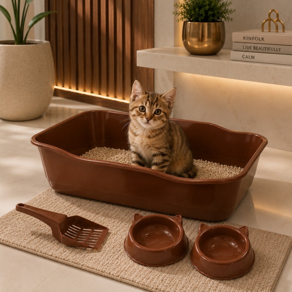 Kit Caixa de Areia para Gatos com Bandeja Pá Comedouro e Bebedouro Durapets kit 4 peças