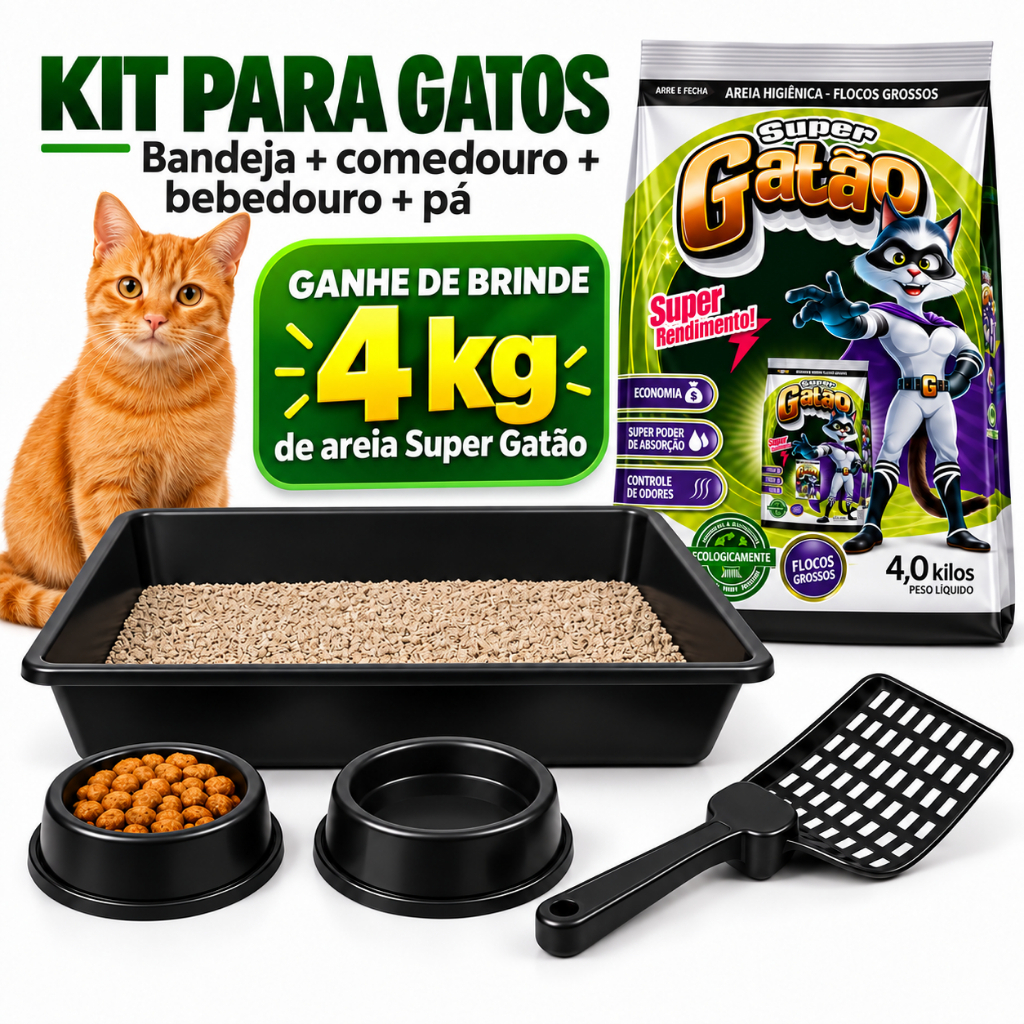 Kit para Gatos Bandeja Higiênica Comedouro Bebedouro e Pá + Brinde 4kg de Areia Super Gatão Praticidade e economia
