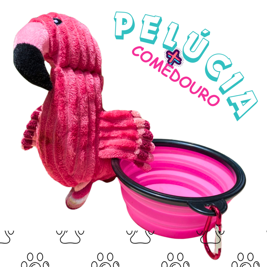 Kit Comedouro/bebedouro retrátil + Brinquedo Pelúcia flamingo resistente mordedor cachorro pet