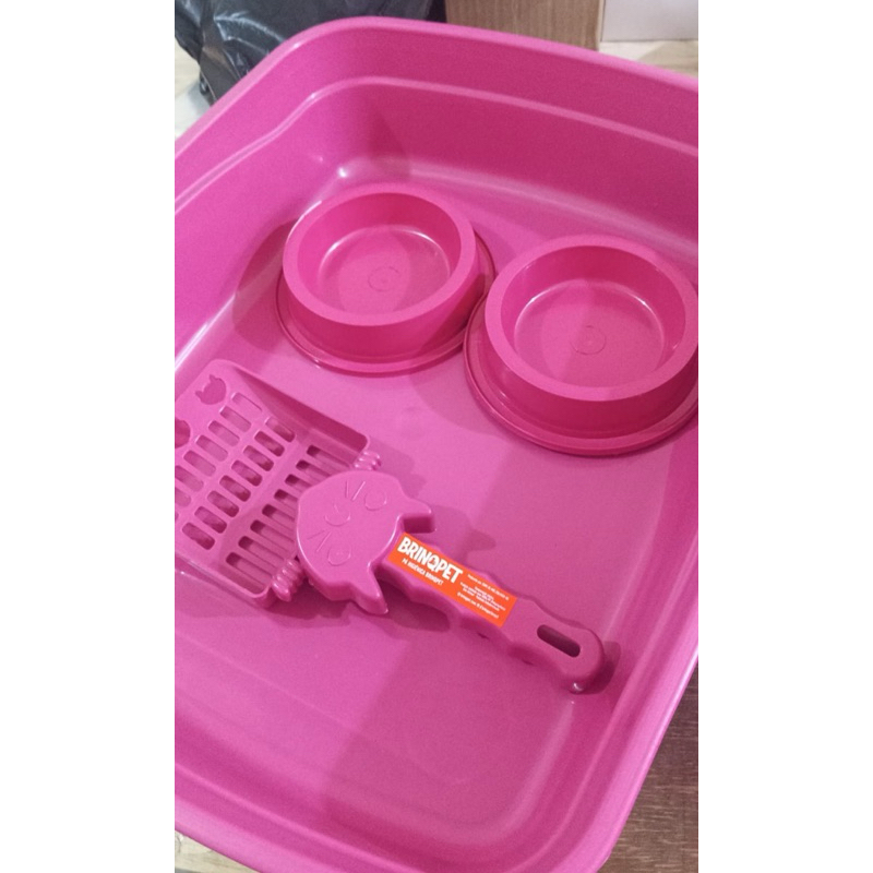 Kit Caixa de Areia para Gatos Completo  Bandeja + Comedouro + Bebedouro + Pá Higiênica