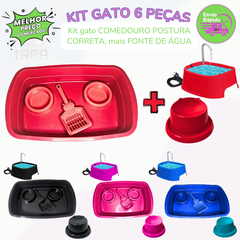 Kit Completinho caixa de de areia para gatos higiênico com pá comedouro fonte bebedouro automático