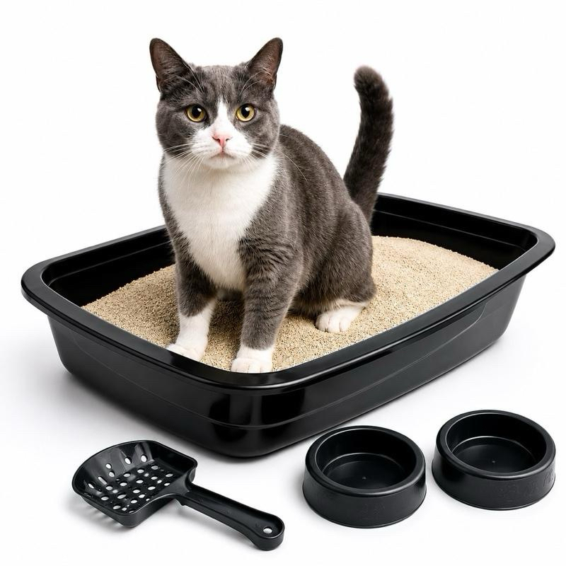 Kit Sanitário para Gatos 4 Peças Bandeja Higiênica Pá Comedouro Bebedouro Completo