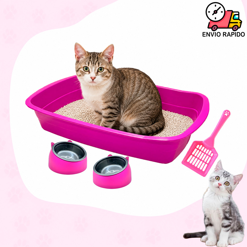 Bandeja Caixa De Areia Para Gatos Com Pá Higiênica Comedouro Bebedouro Orelha de Gato Kit Gato Fofo