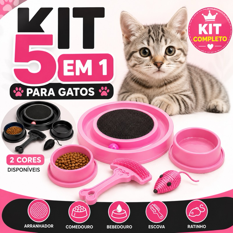 Kit Brinquedo Arranhador para Gatos com Escova Removedora de Pelos Rasqueadeira Bebedouro Comedouro Ratinho