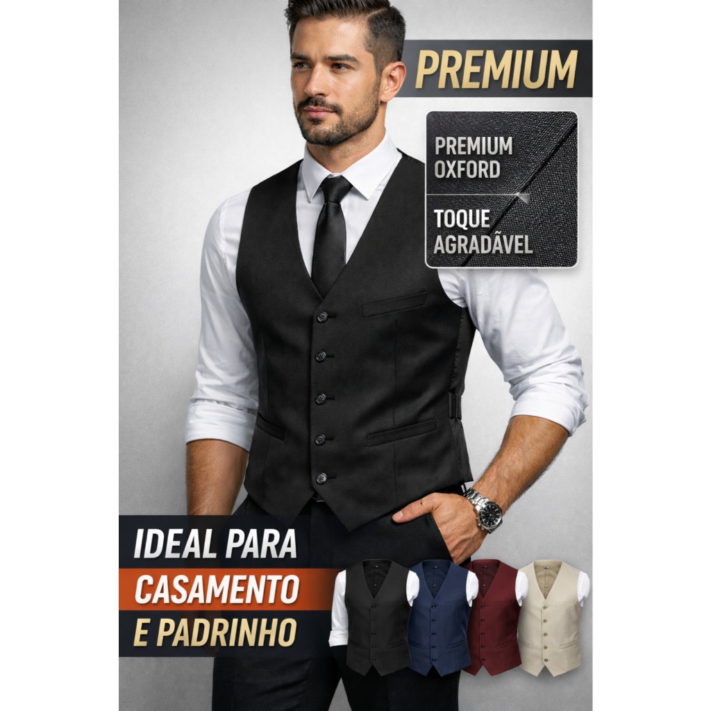 Colete Social Masculino Slim Oxford | Elegante, Ajustável, 4 Botoes Várias Cores – Oferta Especial