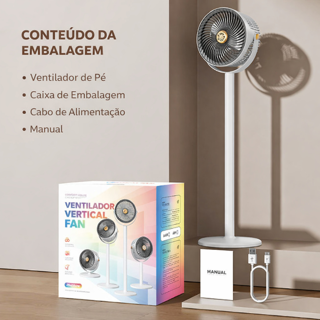 Ventilador Turbo Silencioso Vertical Mesa Chão Recarregável USB 110/220V