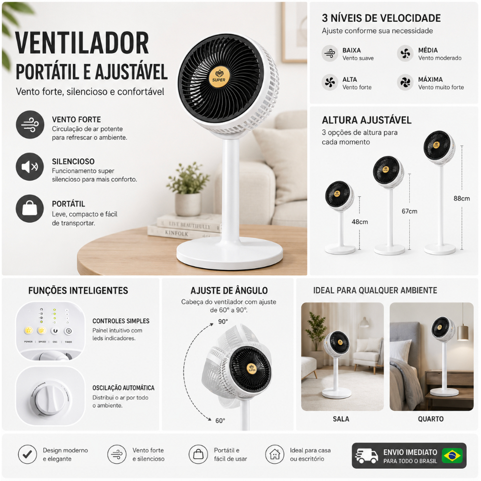 Ventilador Turbo Silencioso Vertical Mesa Chão Recarregável BIVOLT