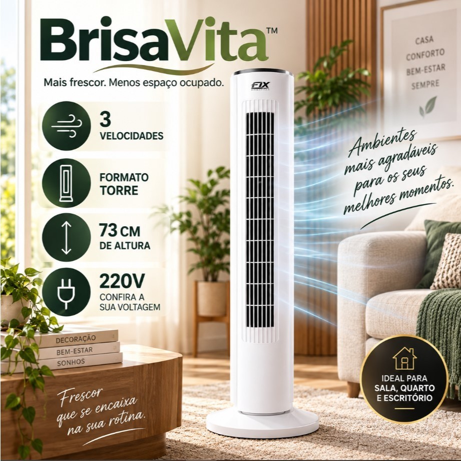 Circulador de Ar Ventilador Torre 220V 3 Velocidades Vertical BrisaVita Potente Portatil Silencioso Alta Eficiencia
