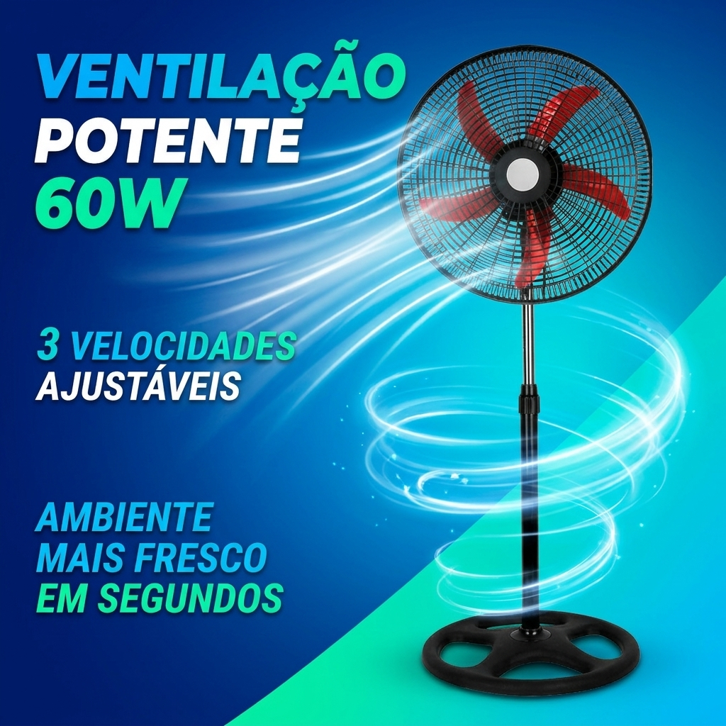 Ventilador de Coluna Vertical Pedestal 60W 3 Velocidades 50cm Silencioso Ajustável Casa Escritório