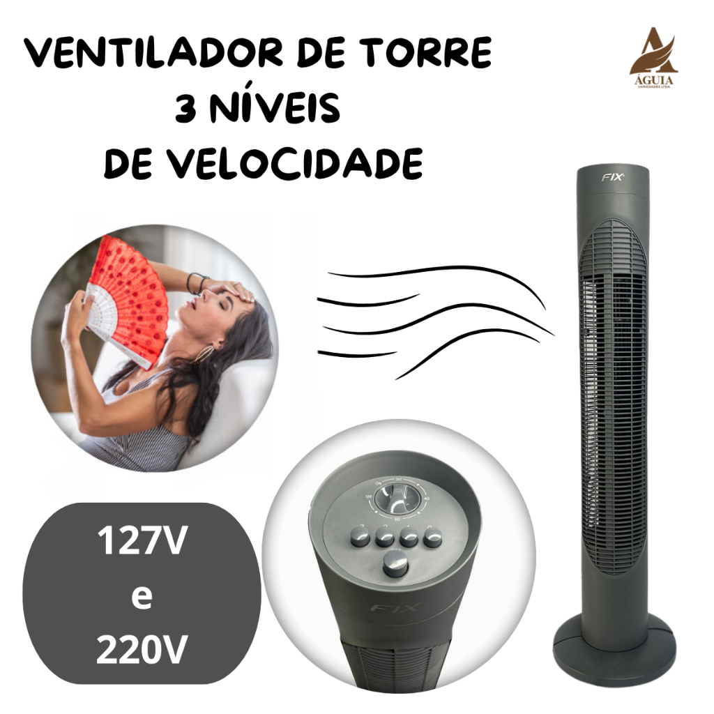 Ventilador de Torre 3 Níveis de Velocidade Circulador de Ar Silencioso Vertical Coluna - 127V e 220v