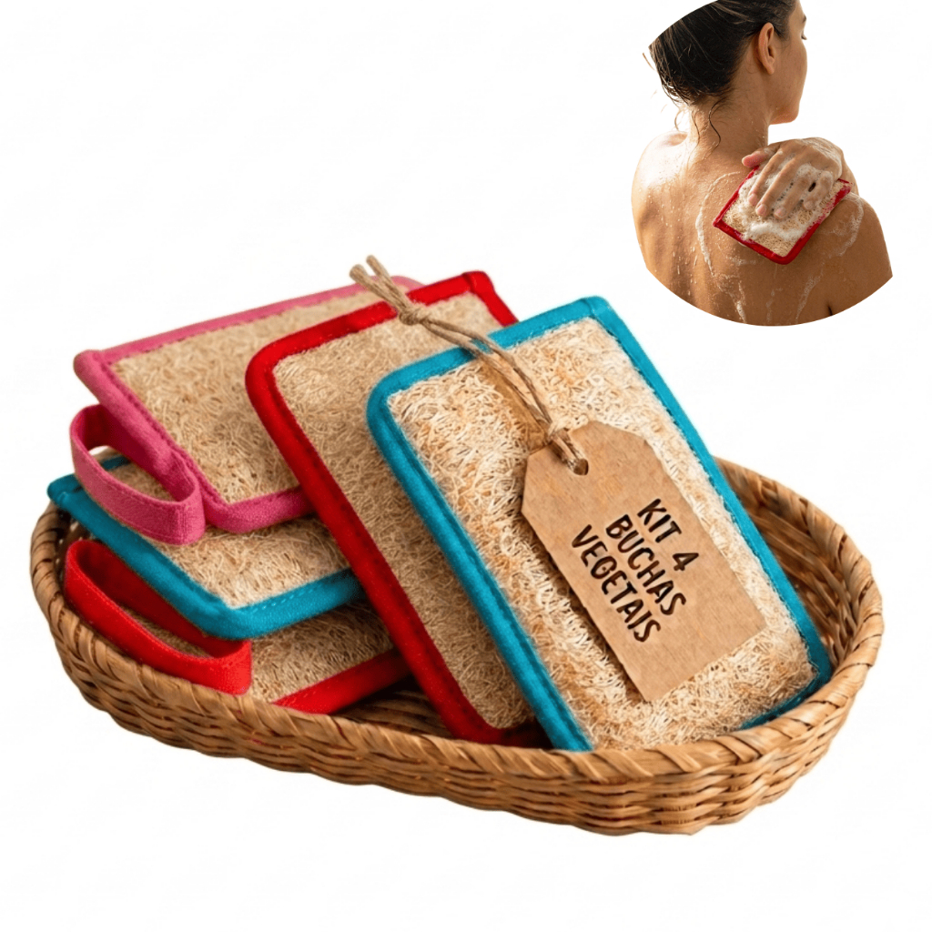 Kit 4 Bucha Vegetal Costurada Grande Luva Retangular Qualidade Premium Excelente para Banhos Natural