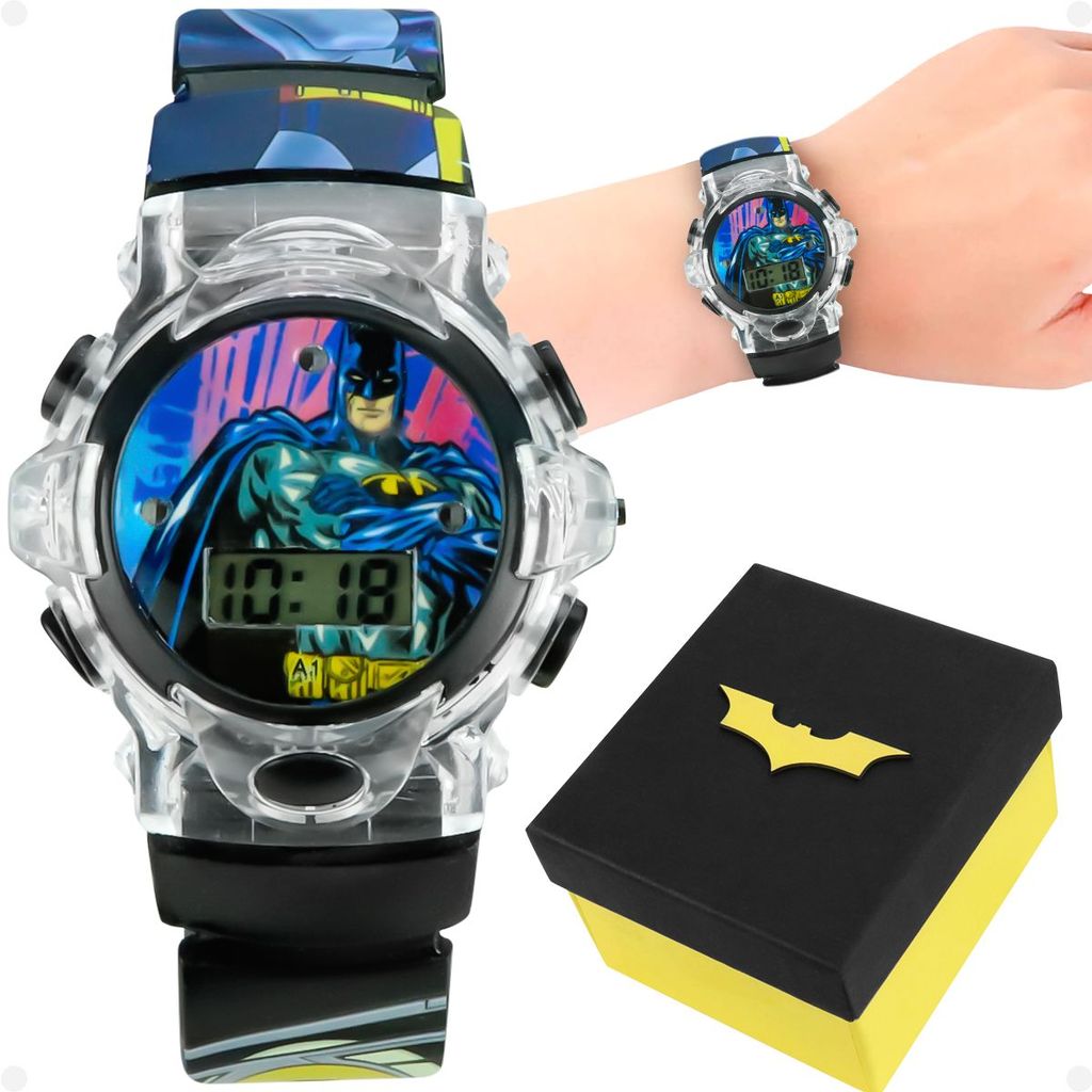relogio batman infantil digital preto silicone led + caixa esportivo criança ajustavel presente luz