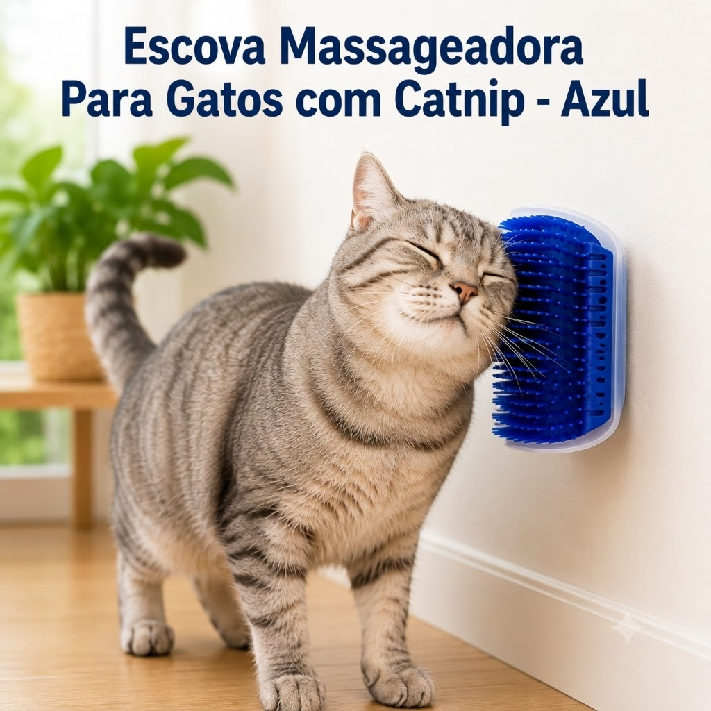Escova Massageadora Para Gatos com Catnip Relaxante Design Ergonomico - Azul