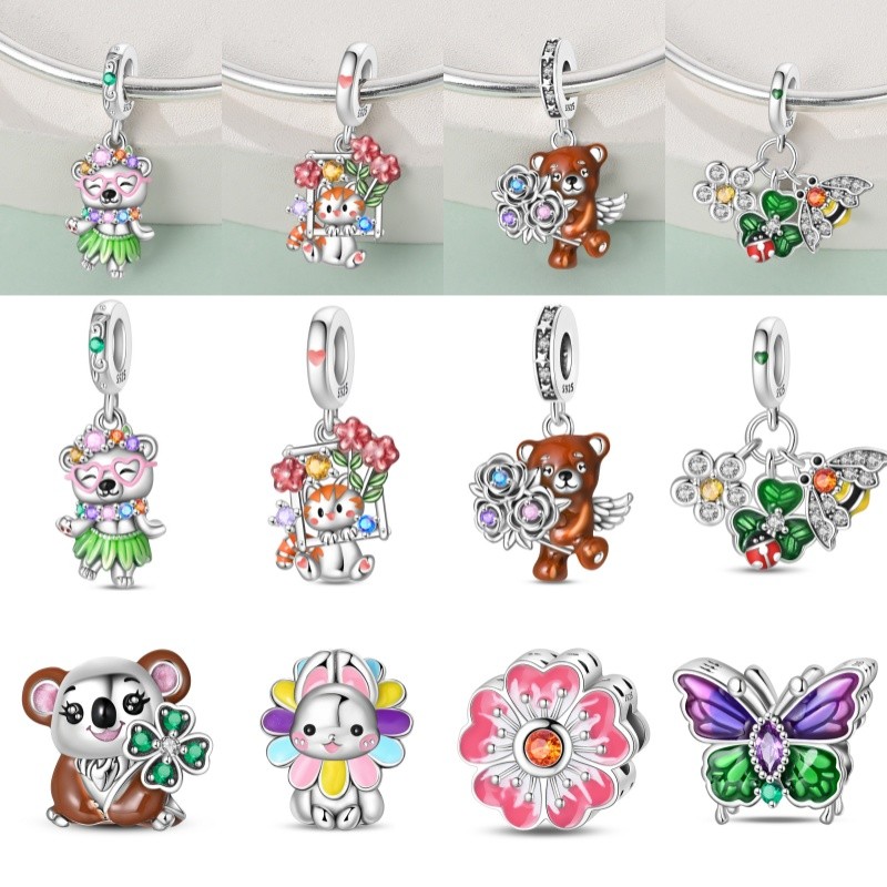 Charme Original S925 prata esterlina pulseira pingente gato urso planta flor Design adequado para pulseira DIY