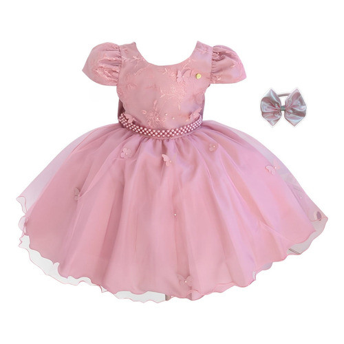 Vestido Infantil Menina Borboleta Liso Para Festa Aniversario Casamento Com Tiara