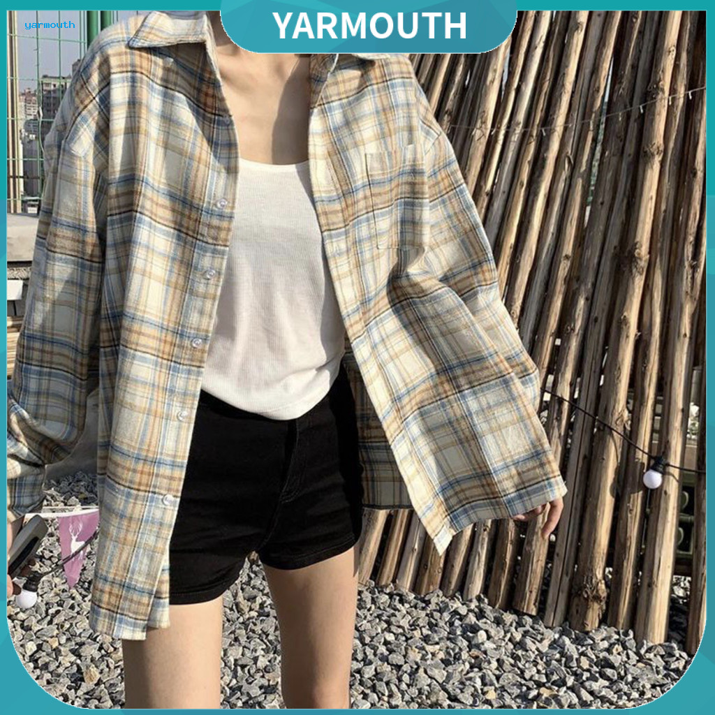 Women Plaid Shirt Coat Blouse Women’s Long Sleeve Lapel Mid-length Single Breasted Top Versatile Lightweight Outerwear
