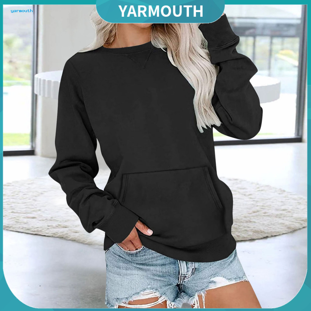 Women Sweatshirt Winter Women’s with Big Front Pocket Long Sleeves Round Neck Loose Fit Solid Color Mid-length Top Ela