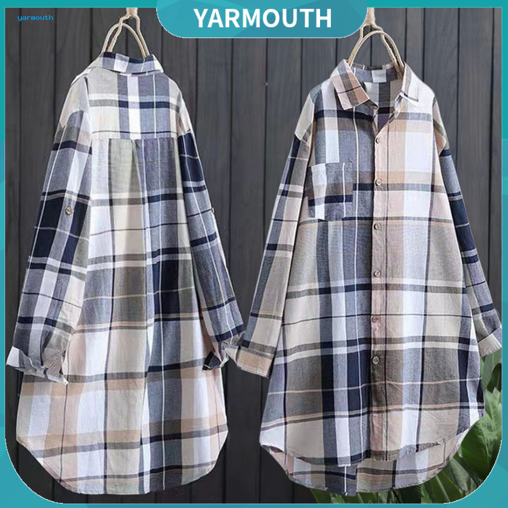 Women Shirt Breathable Blouse Women’s Colorful Plaid Long Sleeve with Pocket Loose Fit Mid-length Single-breasted Lape