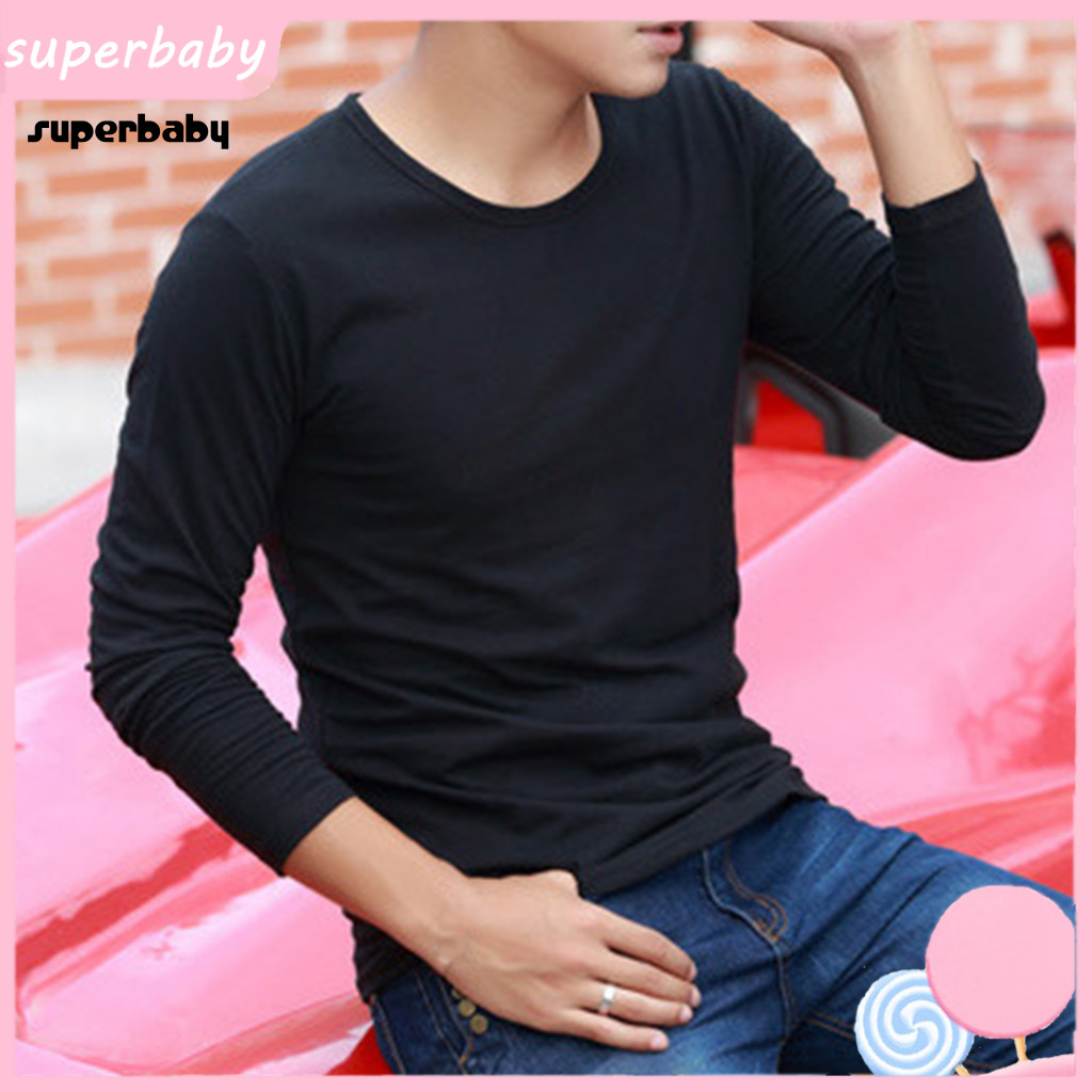 Spring Round Neck T-shirt Base Layer Top Men’s Long Sleeve Solid Color Soft Breathable Elastic Pullover Mid-length for