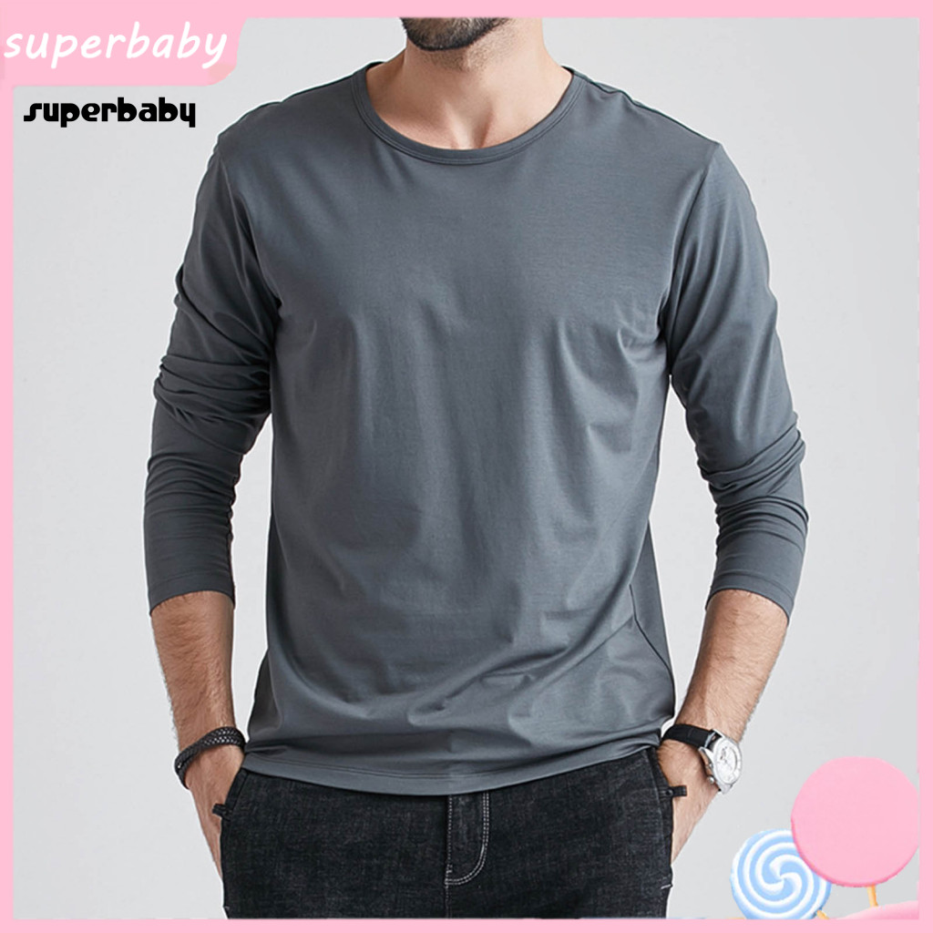 Men Autumn Top Casual Men's Solid Color Long Sleeve T-shirt Plus Size Loose Fit Pullover Round Neck Mid-length for Sport