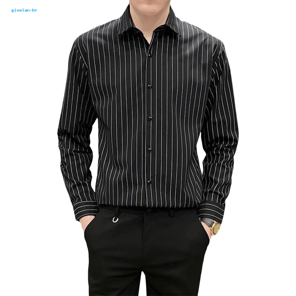 Men Formal Shirt with Stripes Men's Stripe Dress Single-breasted Turn-down Collar Long Sleeve Business Office Mid-length