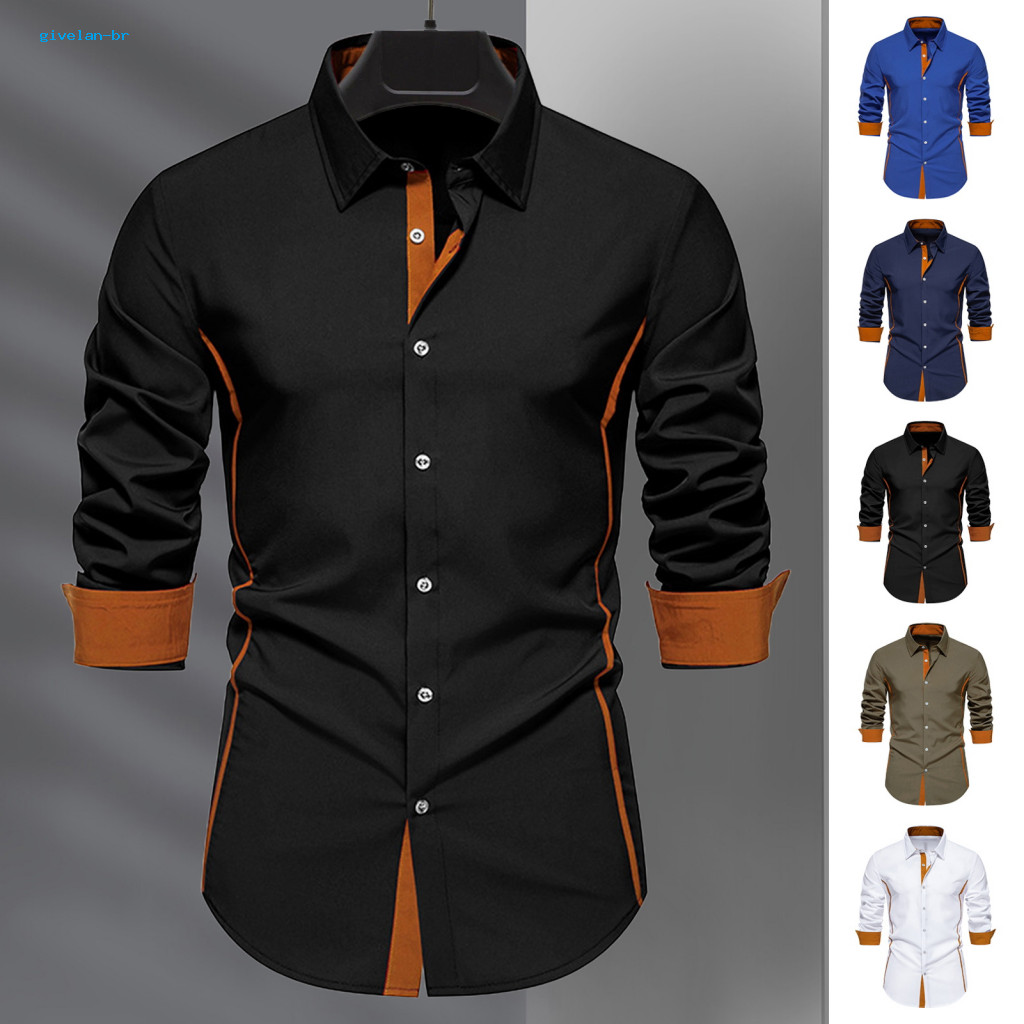 Men Shirt Solid Color Men's Fall Long Sleeve Slim Fit Turn-down Collar Button Casual Formal Business Mid-length Top Perf