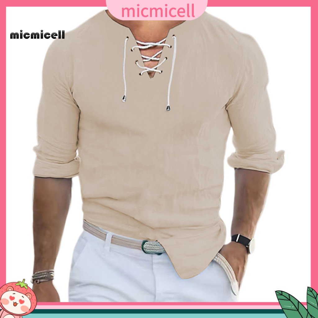 Men Casual Shirt Long Sleeve Men's Spring Fall Slim Fit V-neck Lace-up Pullover Soft Breathable Retro Mid-length Top for