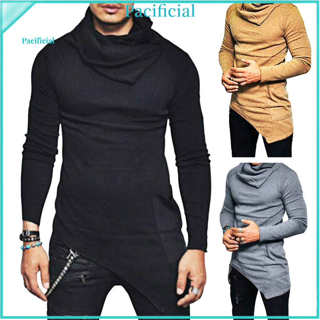 Men Solid Color Long Sleeve Top Irregular Hem Shirt Men's Spring Fall Slim Fit Sweatshirt Mid-length Stacked Collar Elas