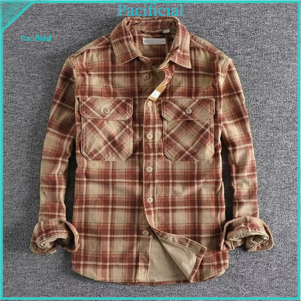 Men Retro Style Cardigan Plaid Men's Spring Fall Shirt Single-breasted Long Sleeve with Chest Pockets Mid-length Casual