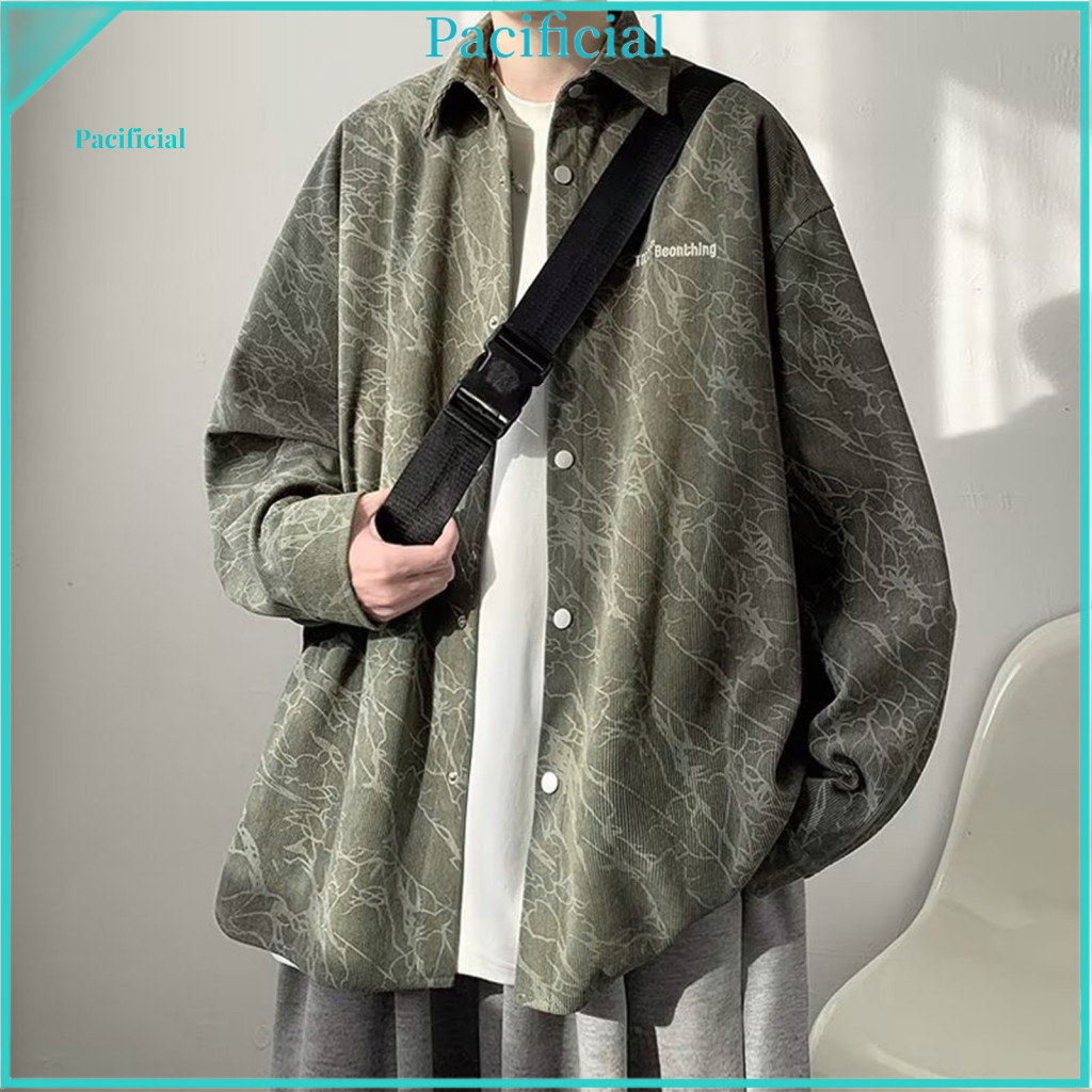 Solid Color Shirt Men Long Sleeve Men's Retro Corduroy Japanese Style Embroidered Mid-length Lapel Casual Loose Fit Spri