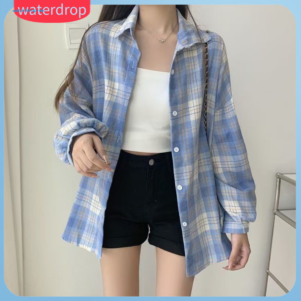 Women’s Plaid Shirt Coat Long Sleeve Lapel Casual Mid-length Single Breasted Top Versatile Lightweight Outerwear for E