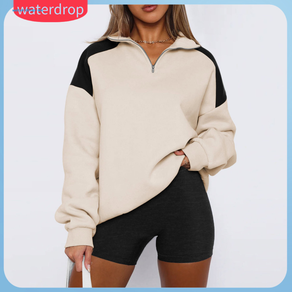Spring Fall Women’s Loose Half-zip Sweatshirt Turn-down Collar Long Sleeves Contrast Color Street Style Mid-length Top