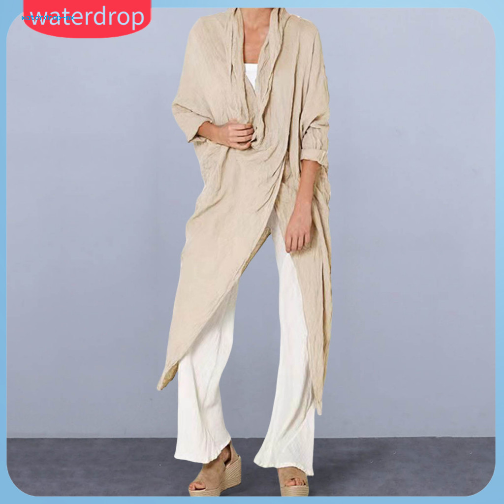 Women’s Summer V-neck Long Sleeve Shirt Front Back Split Irregular Hem Solid Color Mid-length Top Lightweight Breathab
