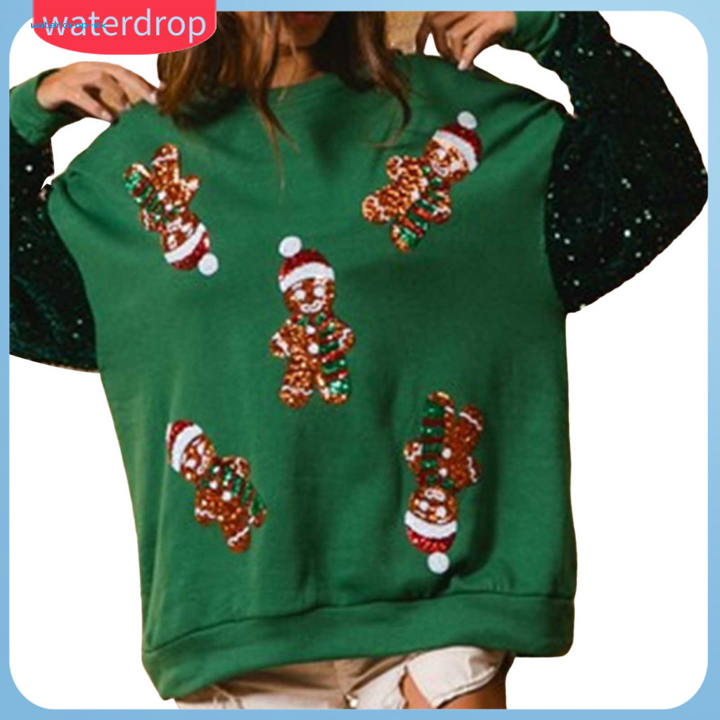 Women’s Christmas Sweatshirt Sequin Cartoon Pattern Round Neck Long Sleeve Loose Mid-length Pullover Holiday Party Top