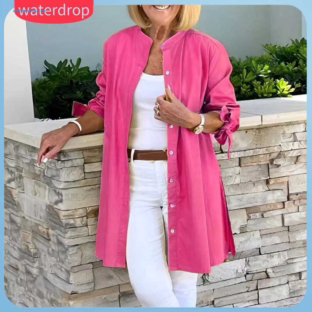 Women’s Long Sleeve Loose Fit Shirt Solid Color Round Neck Mid-length Top for Work Parties Vacation – Comfortable Co