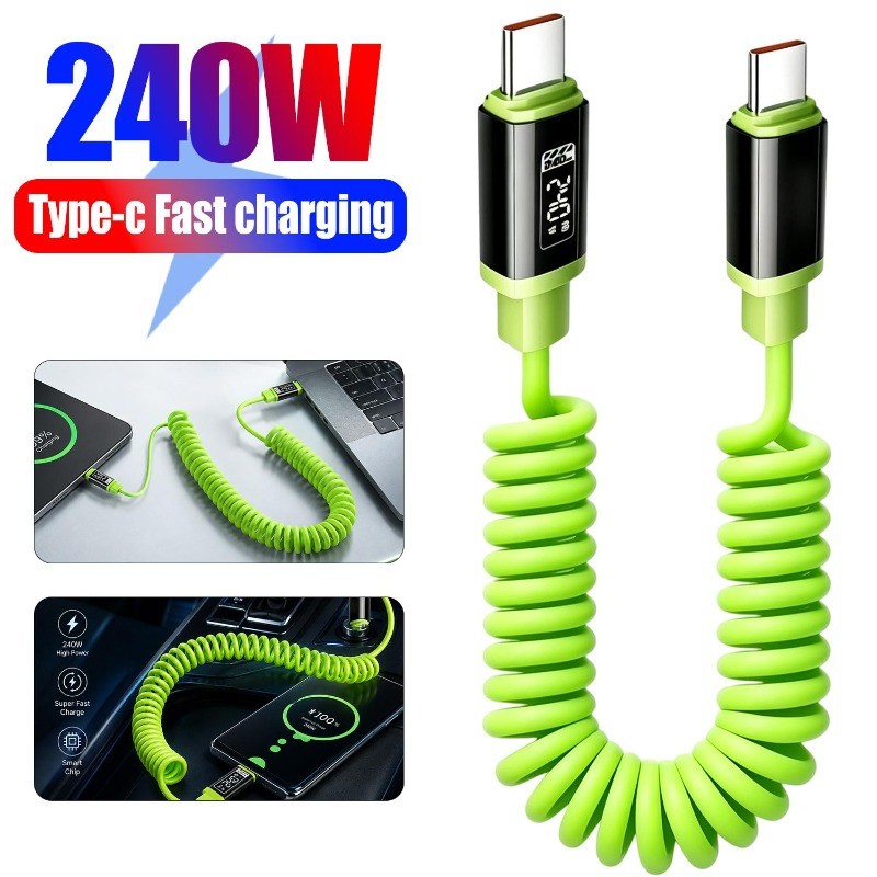 Cabo De Carregamento Rápido 2-1Pc 240W-Transferência De Dados-USB-C , Tipo Para-Mola Telescópica-Fio-Acessórios Carregad