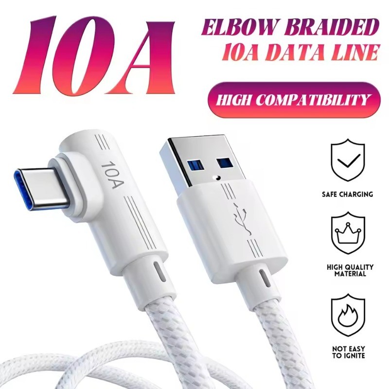 2-1Pcs 90 ° Cabo De Dados Elbow 10A USB Tipo C-Transferência De Nylon-Cabos-De Carregamento Rápido-Fio Trançado Alta Vel