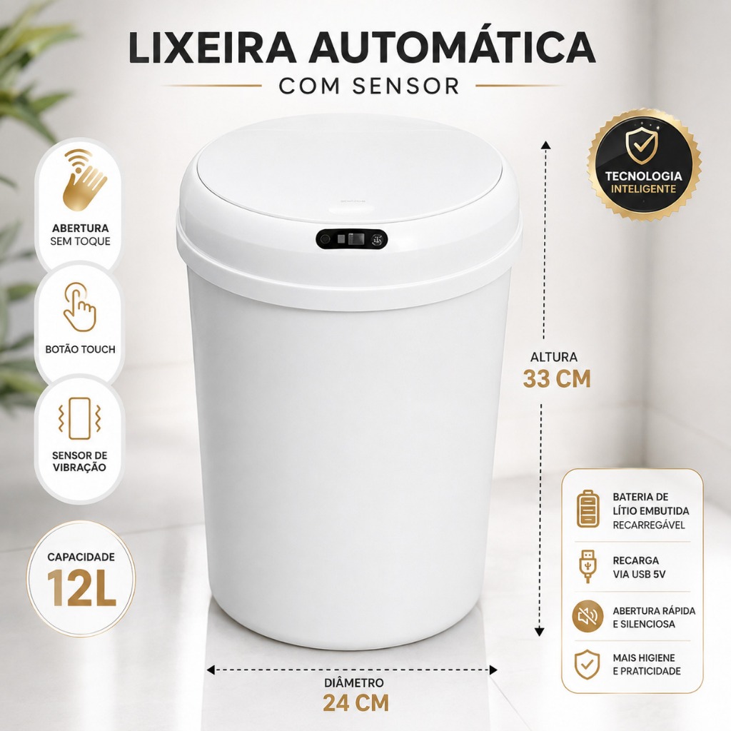 Lixeira Automatica Sensor Movimento 12 Litros Compacta Moderna Cozinha Escritório Banheiro