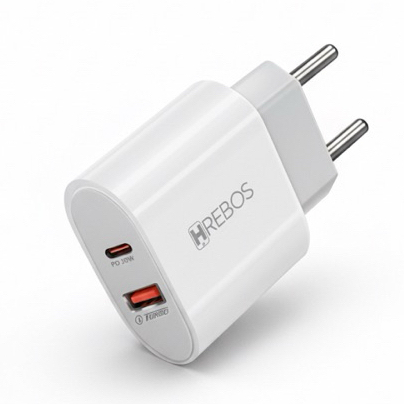 Carregador Tipo C + USB Turbo 20W Branco Classic Duo Hrebos Premium