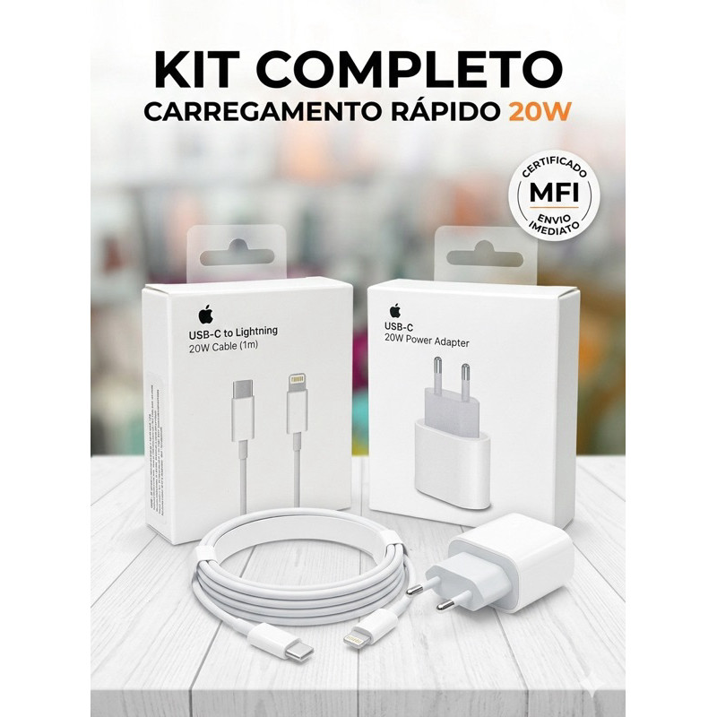 Kit 2 pecas Carregador + Cabo, 20W Turbo USB-C + Cabo Lightning 1m