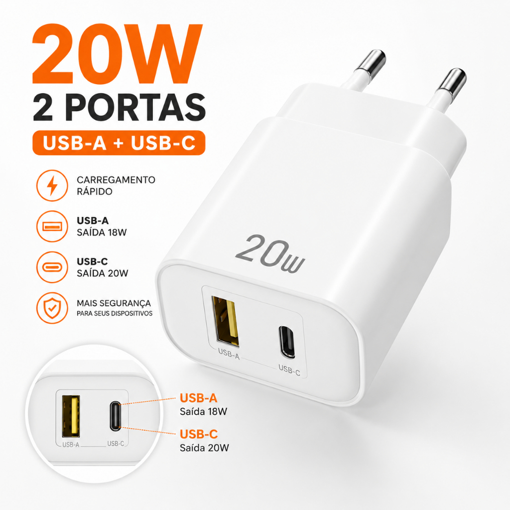Carregador Turbo 20W Fonte de Parede com USB-A e USB-C Duas Portas Carregamento Rápido