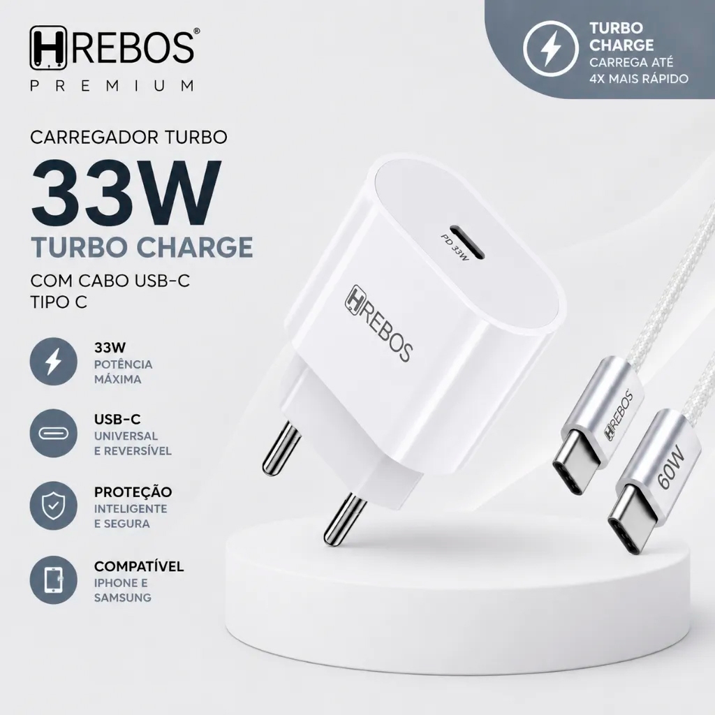 Carregador Turbo PD 20W Hrebos USB Tipo -C + Cabo Tipo C Carregamento Rápido Homologado Anatel HS-363 C