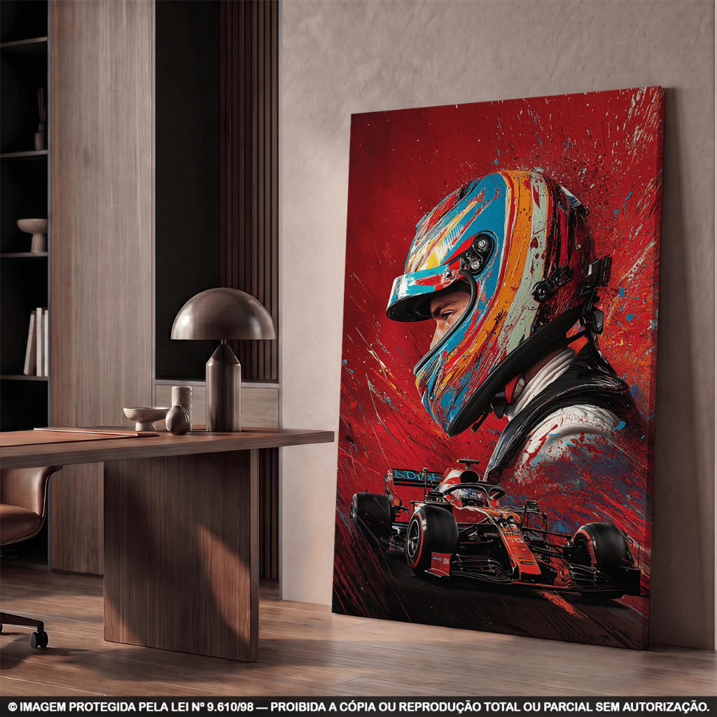 Quadro Decorativo Piloto de Fórmula 1 com Carro de Corrida Borda Infinita